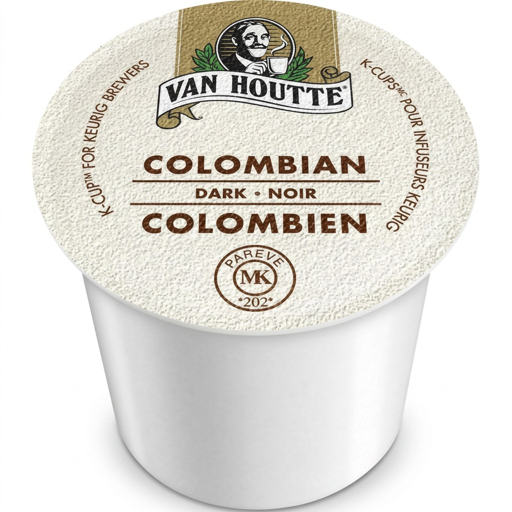 A high-resolution, centered photograph of a single Van Houtte Colombian Dark K-Cup coffee pod, as shown in image_0.png, resting on a pure white, seamlessly lit background. A subtle, soft shadow grounds the pod. All labeling on the lid, including the Van Houtte logo and text, is perfectly preserved and sharp, with the white pod body clean and perfectly defined.