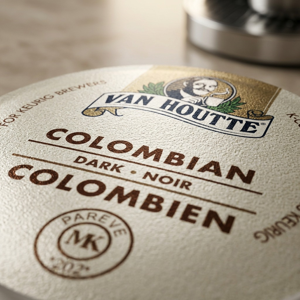 Macro photo detail of the embossed metal Van Houtte K-Cup lid with fine print texture.