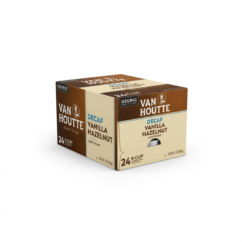A crisp, high-resolution hero shot of the Van Houtte Decaf Vanilla Hazelnut K-Cup box.