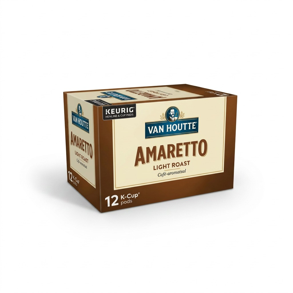 A high-resolution product shot of a 12-count box of Van Houtte Amaretto Light Roast K-Cup pods, isolated on white with clean edges and accurate branding.