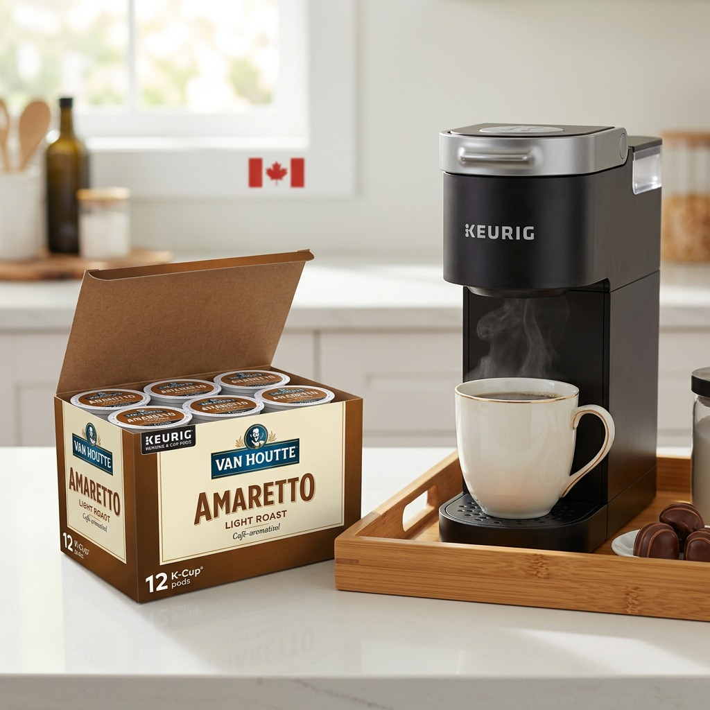 Van Houtte Amaretto K-Cups in a wooden box beside a Keurig brewer in a clean kitchen.