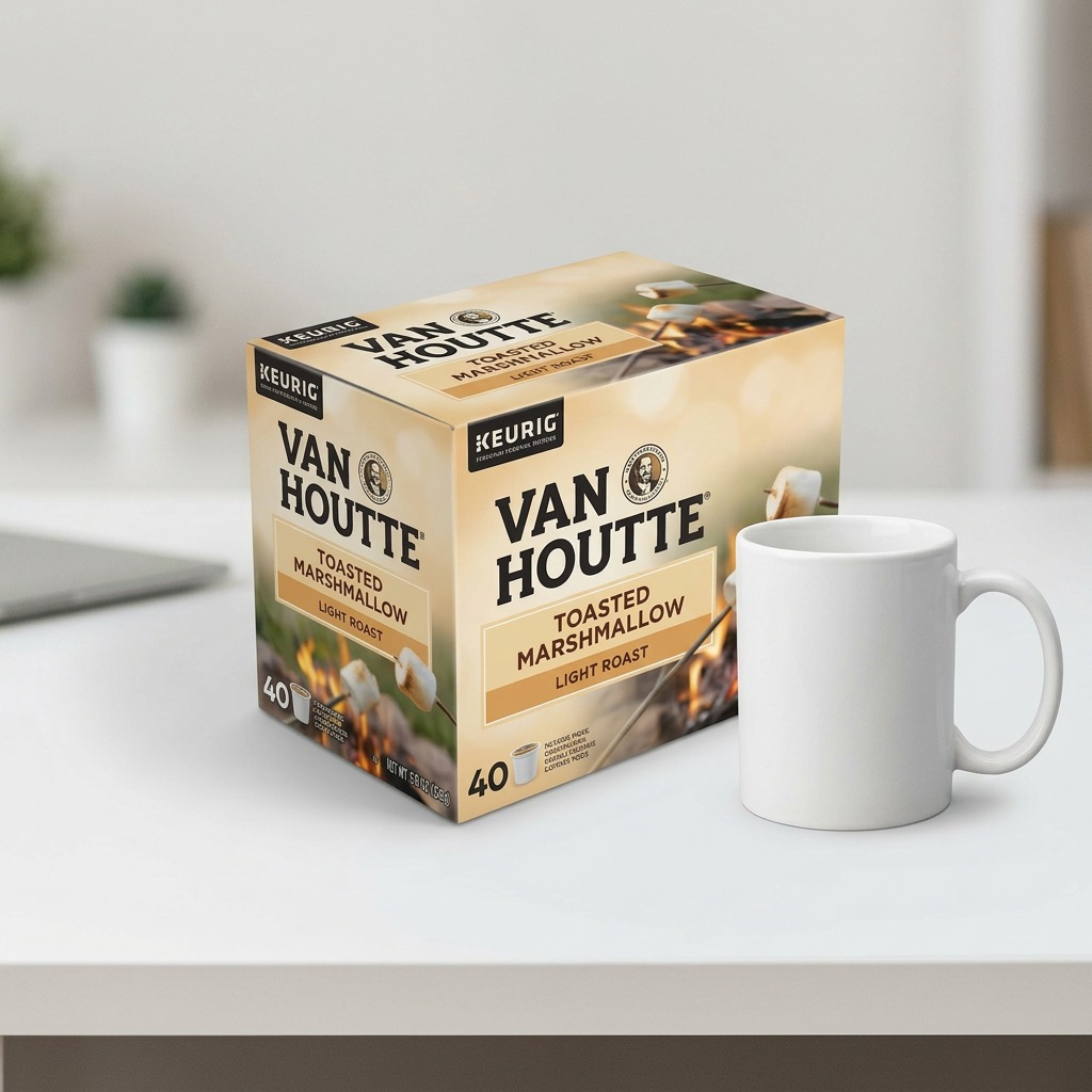A 10-count box of Van Houtte Toasted Marshmallow coffee pods for Keurig, shown at true scale beside a standard ceramic mug.