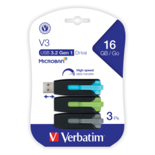 Verbatim 16GB V3 SnG V3 USB 3.0 3PK BL/GR/GREY
