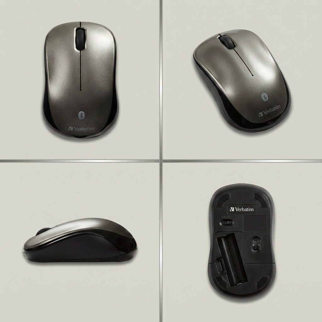 A four-panel grid matrix showcasing different views of the Verbatim Bluetooth Mouse: top-down, side profile, and front angle.