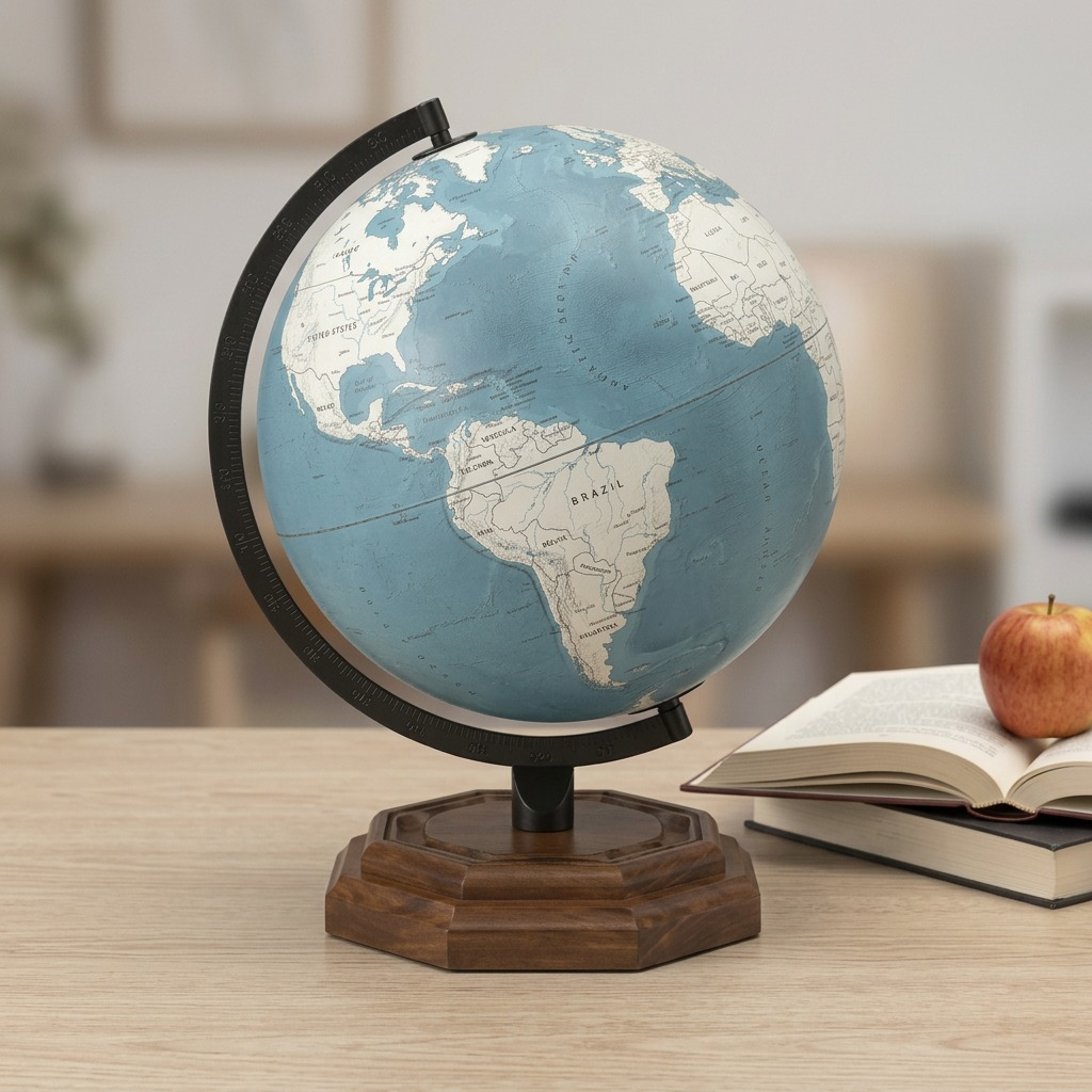 A photo showing a blue ocean Replogle Palermo globe next to a standard tablet and pencil.