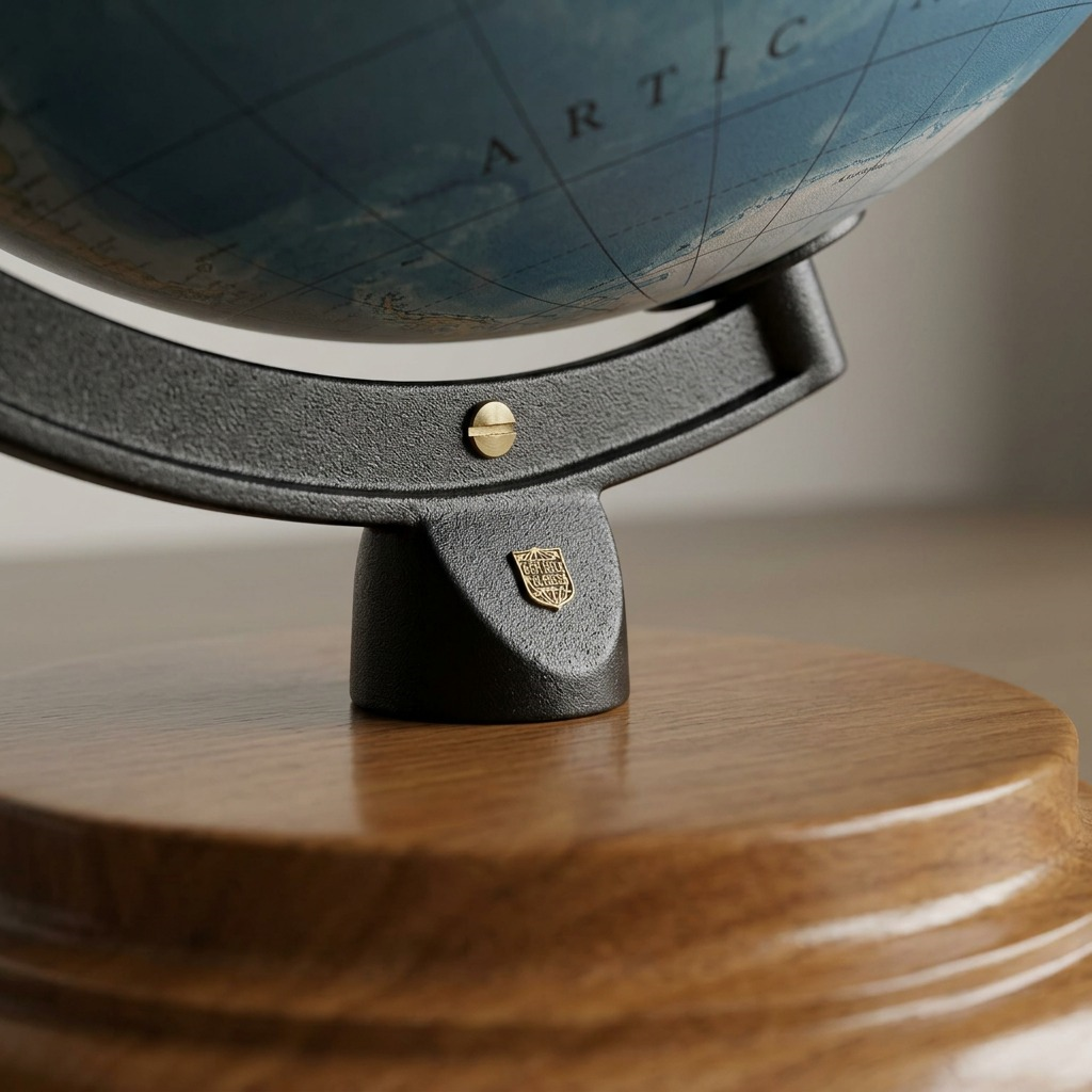 Macro view of the Northampton Globe's wooden base, cast metal meridian, and a brass connection bolt.
