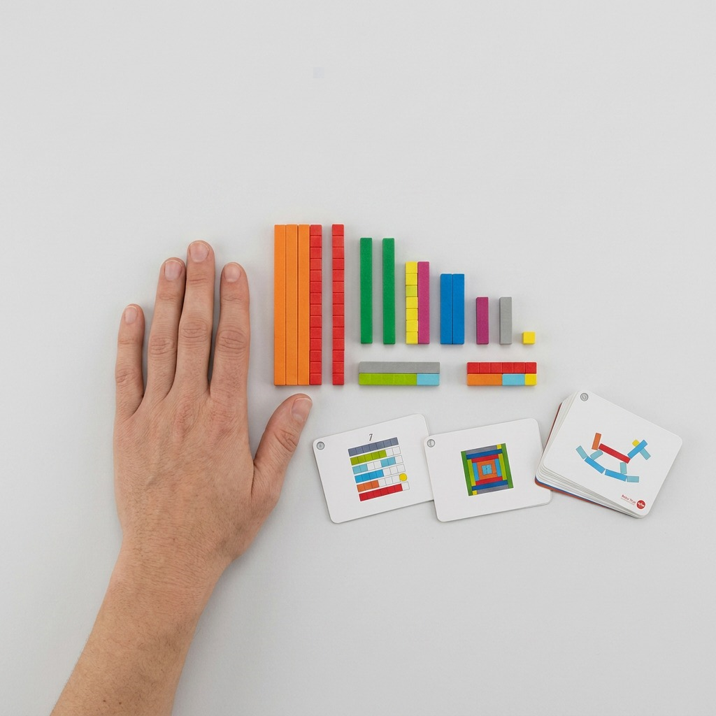 Scale reference image showing the fdmt Busy Play Number Rods next to a human hand for size context