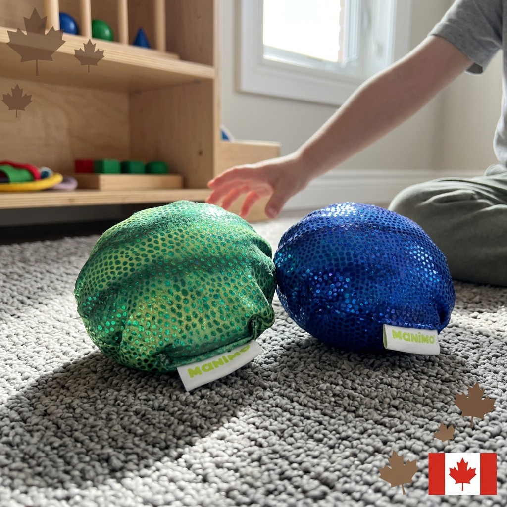 A high-resolution photo of the manimo weighted green and blue full moon balls on a sensory room carpet, with natural daylight. At one corner, a small, subtle stylized cluster of maple leaves and "EST. CANADIAN SHIPPING" graphic hints at fast Canadian delivery, integrated into the environment. (A detailed text prompt is not required here.)