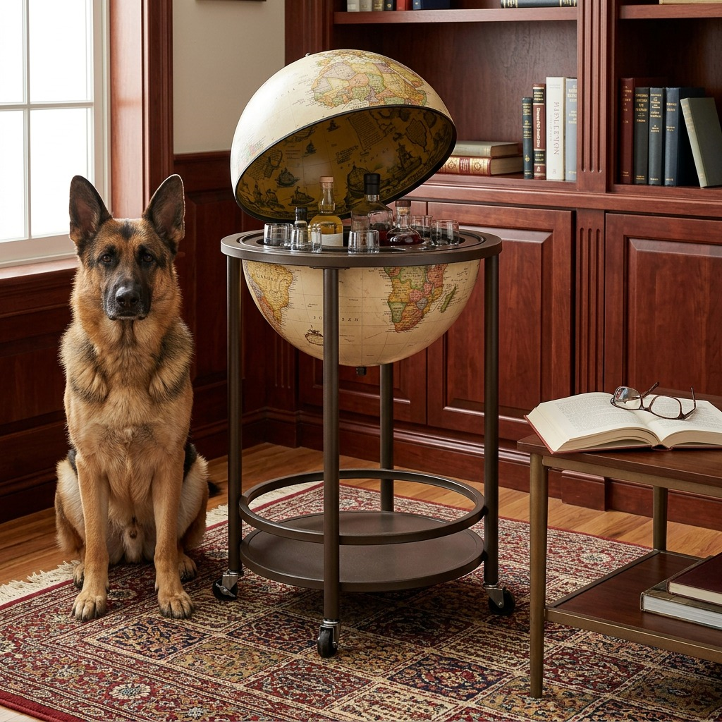 Comparison shot of the Empire bar globe and a large German Shepherd in a living room.