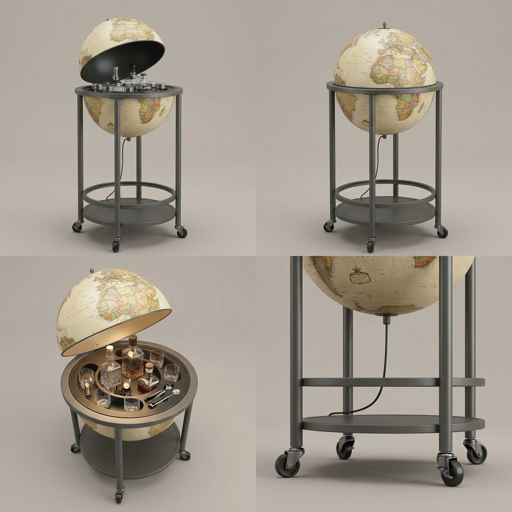 A multi-angle configuration matrix for the Replogle Globes EMPIRE BAR GLOBE, showing canonical and alternative views with a closed top.