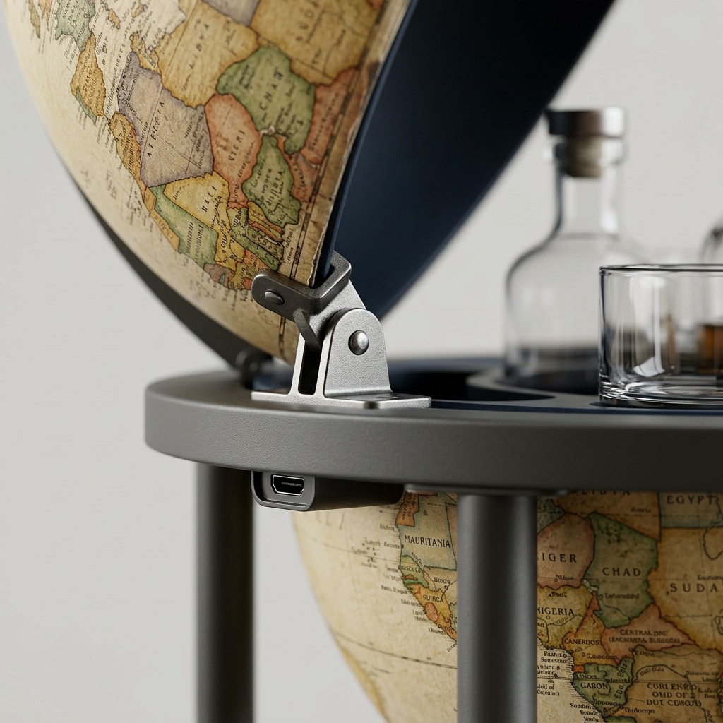 Macro view captures metal globe hinge, antique map texture, and a modern port.
