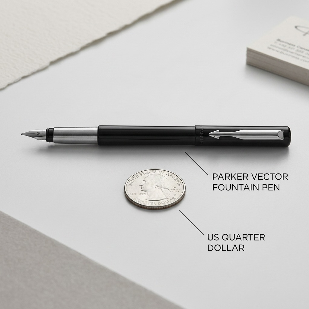 Close-up photo of the Parker Vector Fountain Pen next to a standard US quarter, displaying accurate size for the medium nib pen.