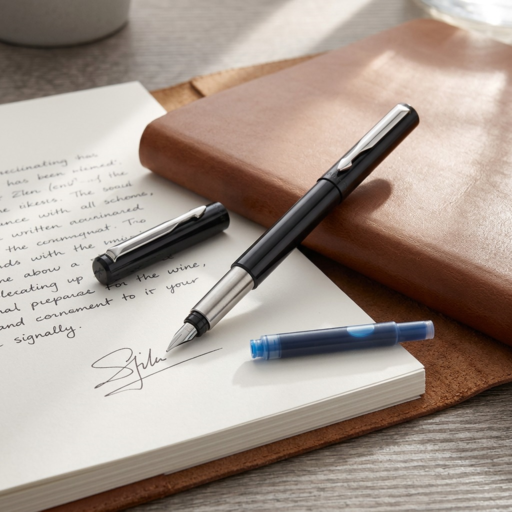 A Parker Vector fountain pen, black barrel with chrome trim and medium nib, is seen with an ink cartridge on a desk next to a note and leather journal, under natural light.