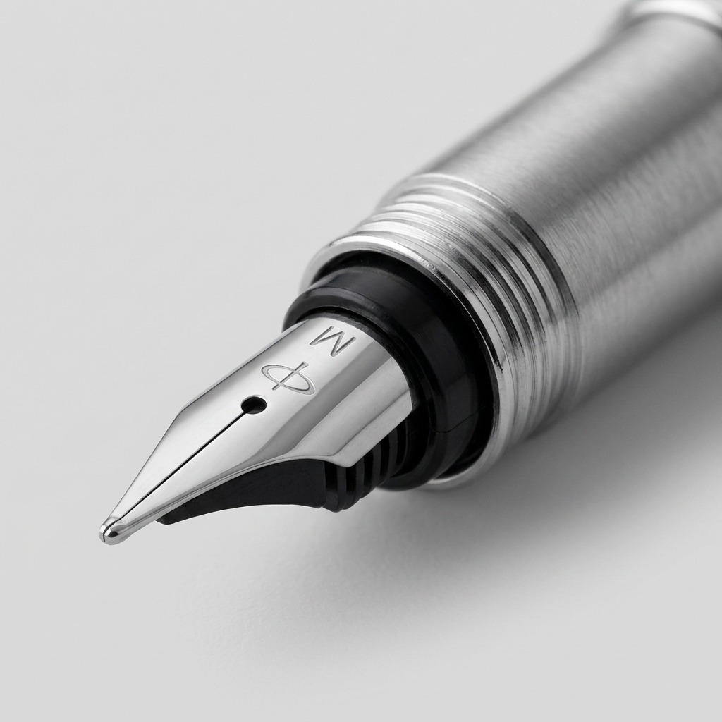 Macro detail focusing on the precision Parker Vector medium nib and clean feed connector interface on the black section.