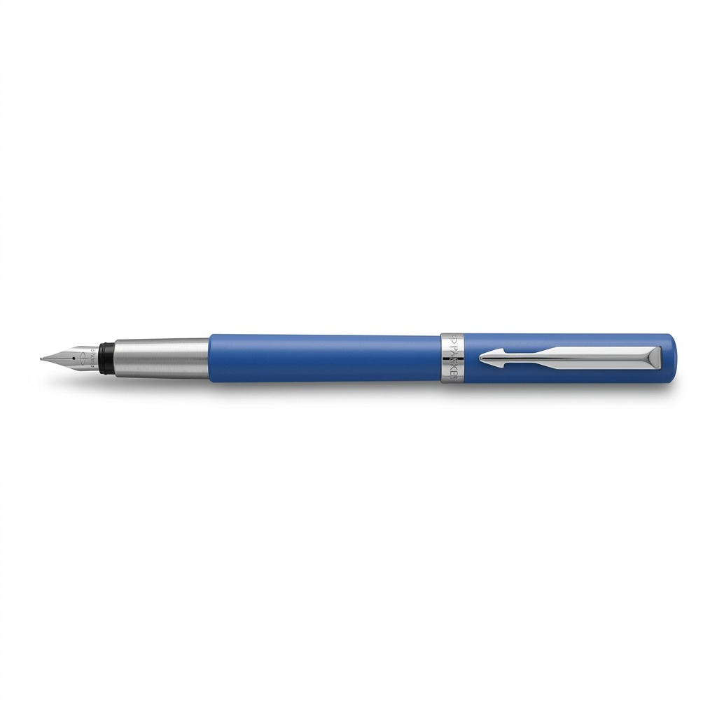 Pure, high-resolution hero shot of the Parker Vector Fountain Pen, Blue with Chrome Trim, Medium Nib, over a clean white background.