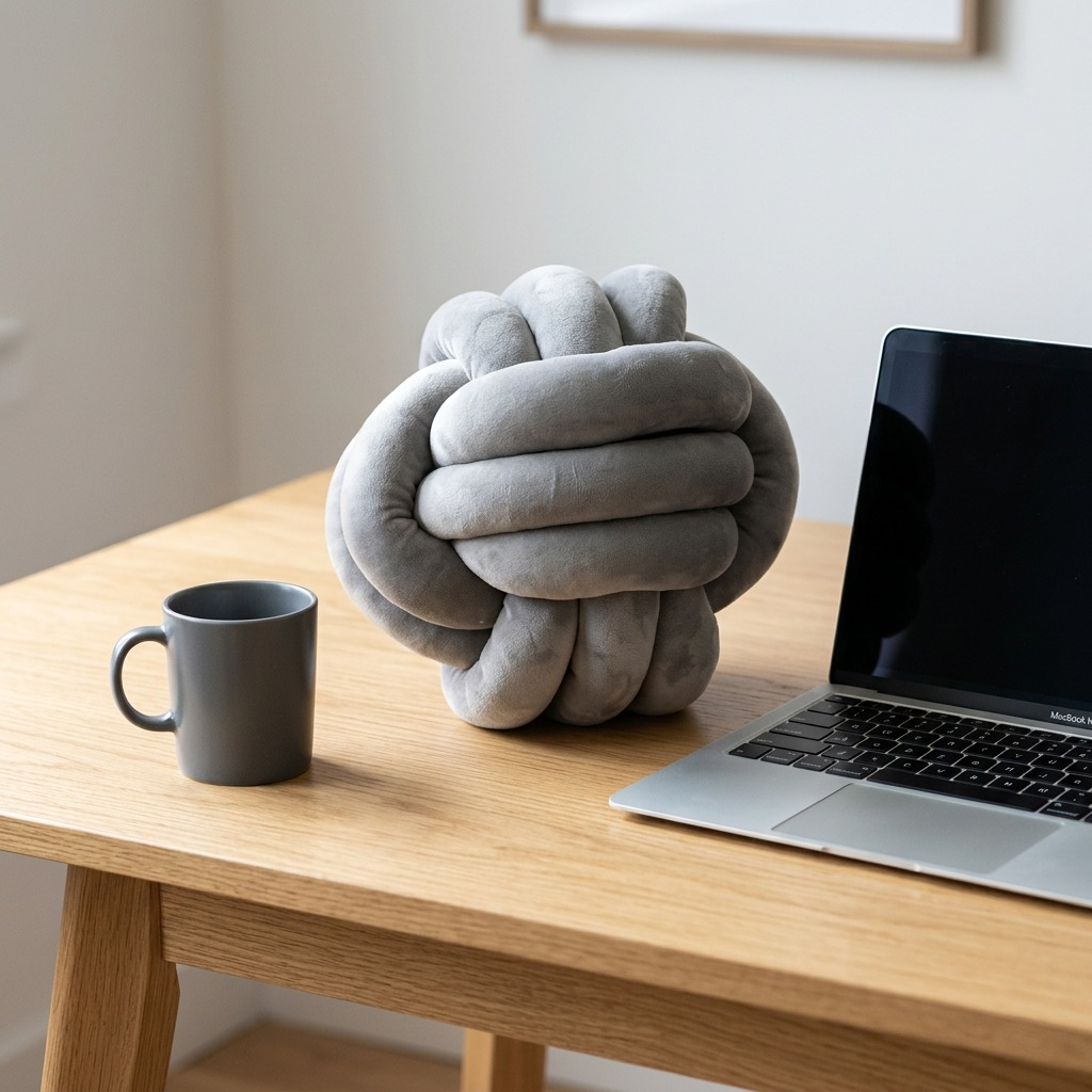 A grey velvet knot pillow sits on a wooden desk next to a ceramic mug and a laptop for scale.
