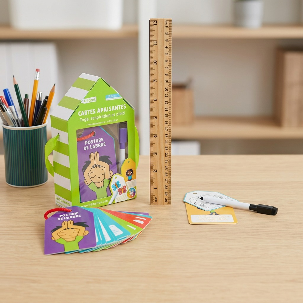 A photo showing the fdmt card set next to an 12-inch ruler and pencil cup for scale comparison.