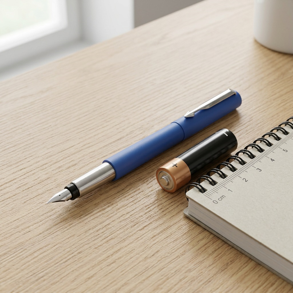 A blue Parker Vector fountain pen next to a standard AA battery on an oak desk, showing its size.