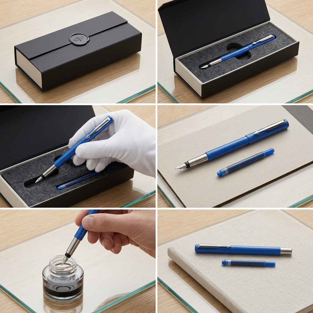 A six-panel matrix shows a secure, premium unboxing of the specific blue Parker Vector fountain pen.