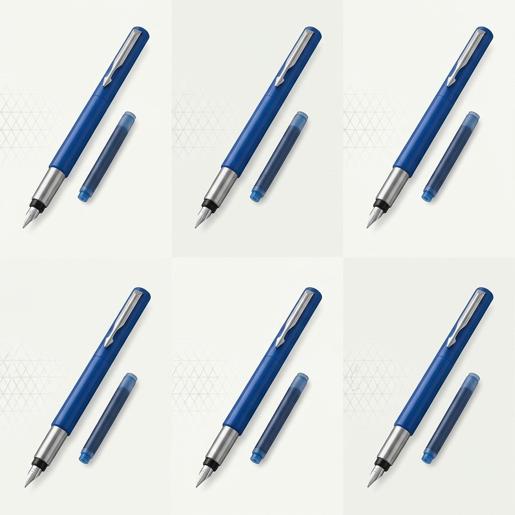 PDP matrix displaying six different-colored Parker Vector fountain pens (blue, green, red, black, purple, white), all with chrome trim and medium nibs, in a clean grid layout.