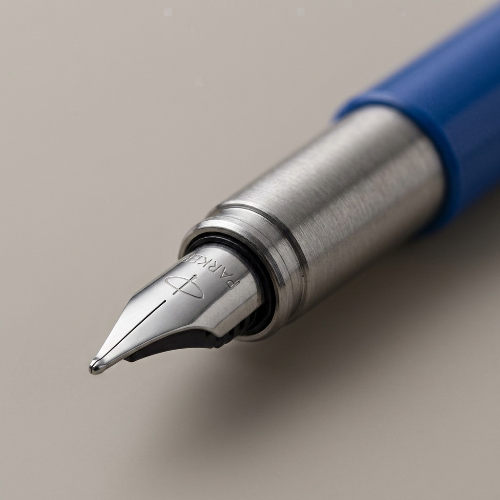 Macro photograph focusing on the medium nib and chrome section of a blue fountain pen.