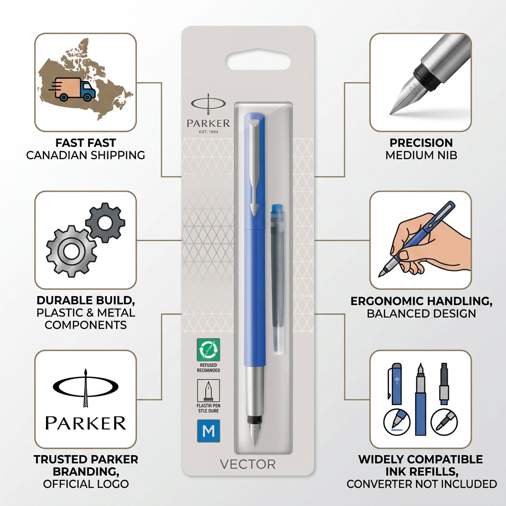 A factual ecommerce visual matrix showcasing the blue Parker Vector Fountain Pen in its original hangtab packaging, with icons and text highlighting features like blue ink, a medium nib, stainless steel trim, authentic branding, ergonomic use, product specifications, and fast Canadian shipping.