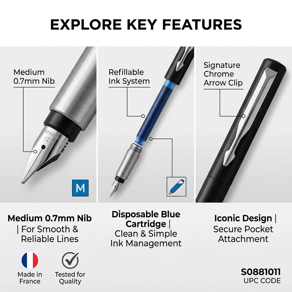 A feature graphic for the Waterman Parker Vector fountain pen, highlighting its medium nib, blue ink refill, and iconic chrome trim.
