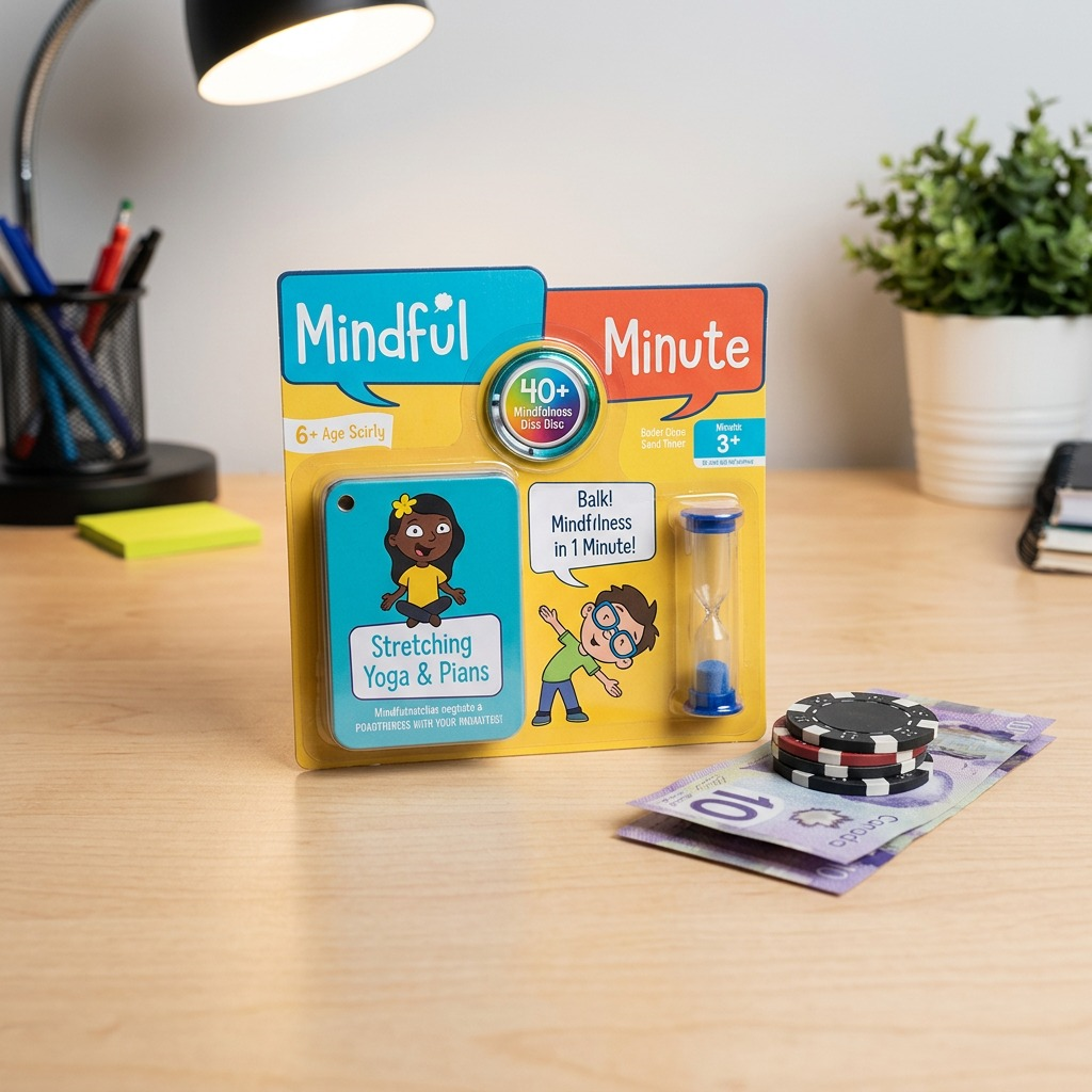 Alternative Text: Standard fdmt Mindful Minute kit beside a known small object to illustrate true dimensions.
