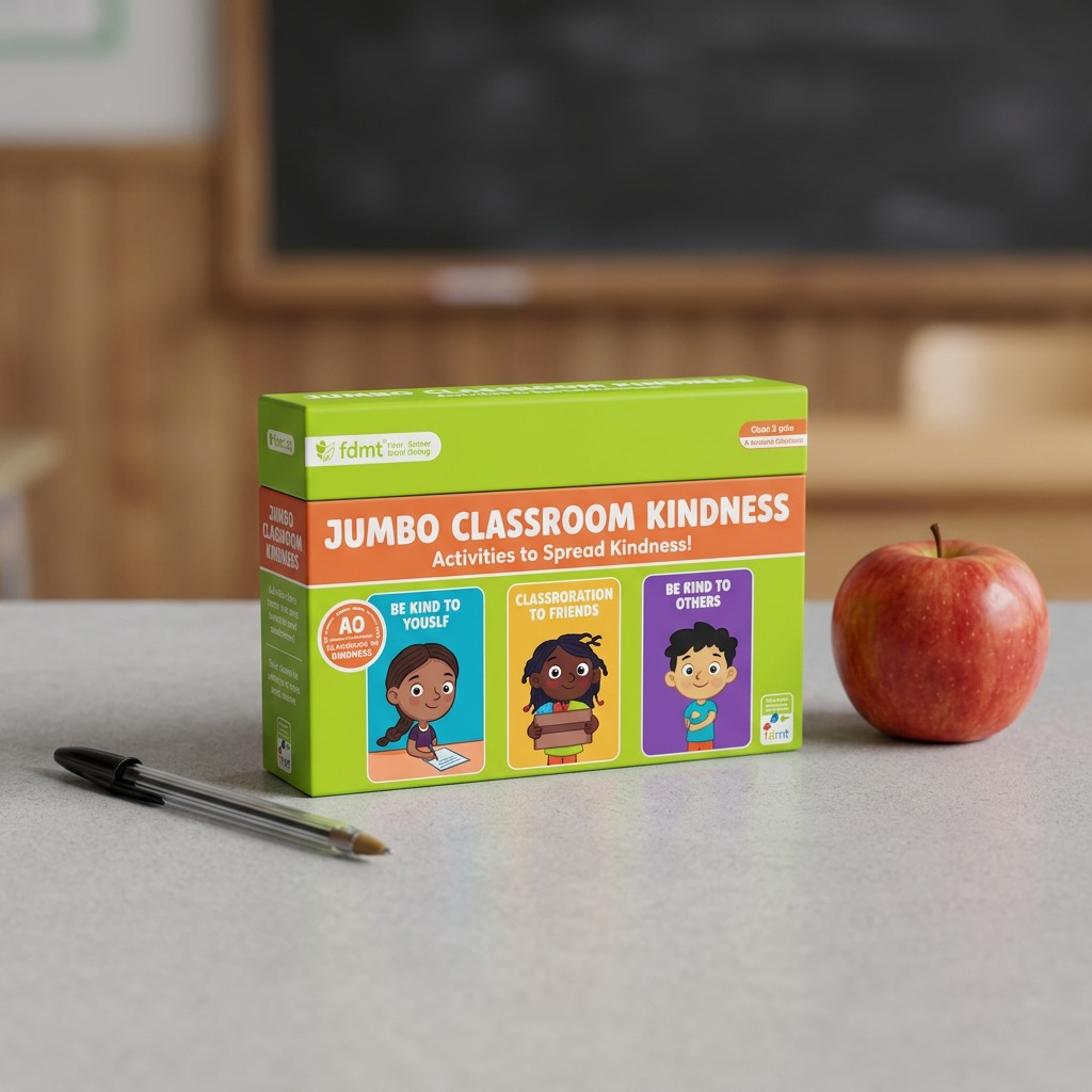A photo of the Kindness Cards box, plus a pen and apple, illustrating their relative sizes.