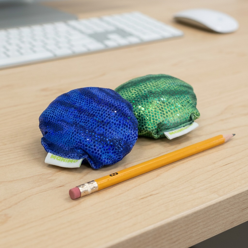 Green and blue sparkly manimo sensory balls are shown next to a pencil on a desk for size comparison.