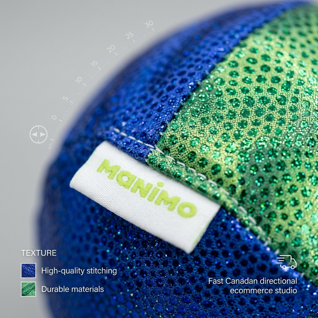 Macro image focuses on fdmt Manimo Full Moon Ball, showing detailed blue and green textured fabric and high-quality stitching.