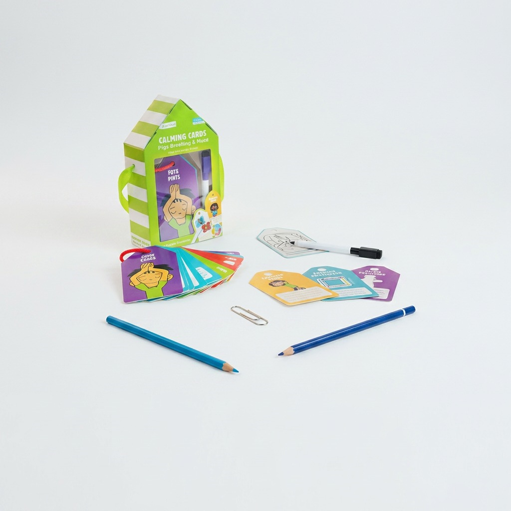 fdmt Calming Cards, a portable dry erase activity kit, shown with standard office items for scale reference.