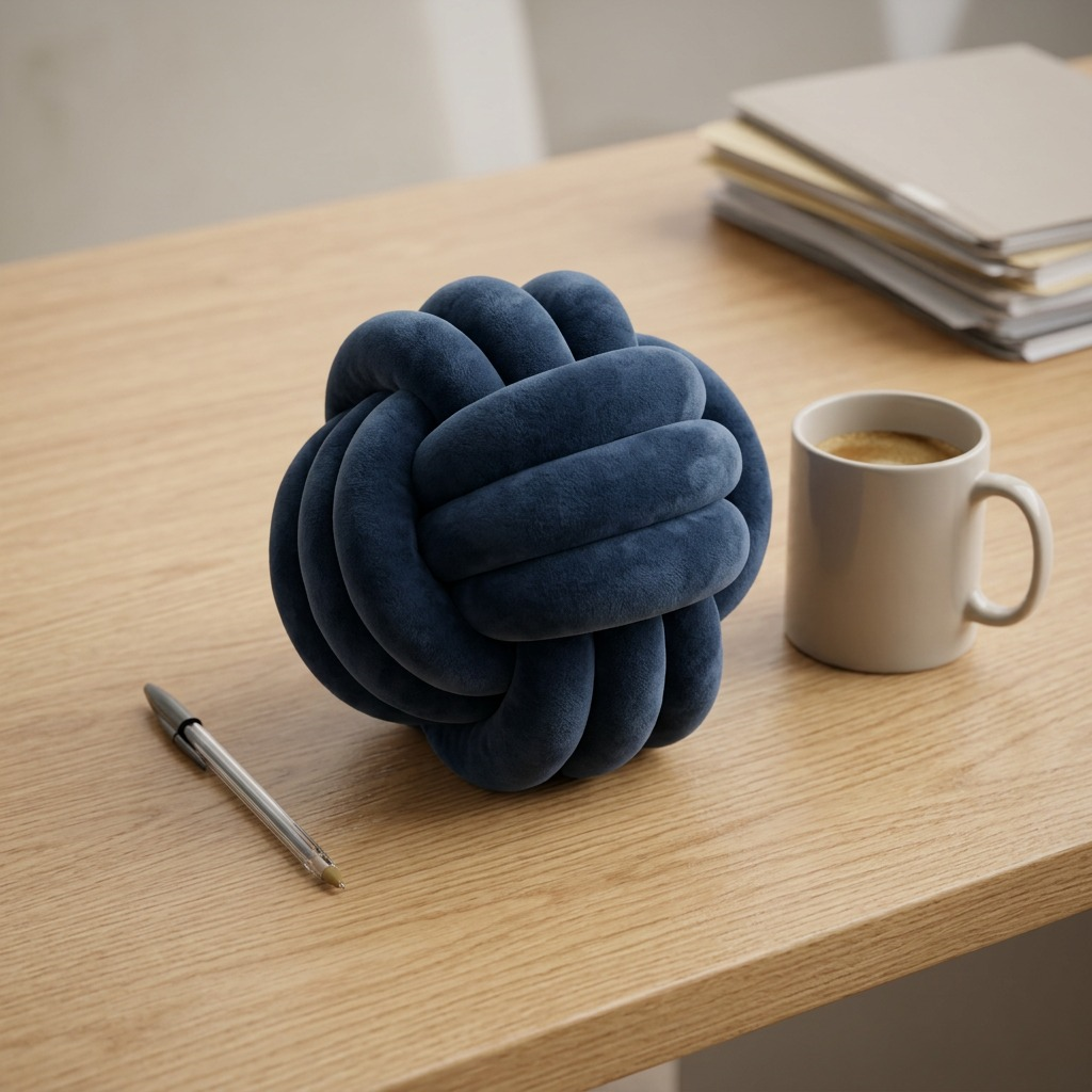 A deep blue velvet knot pillow rests on a wooden desk, sized alongside a pen and ceramic mug for scale.