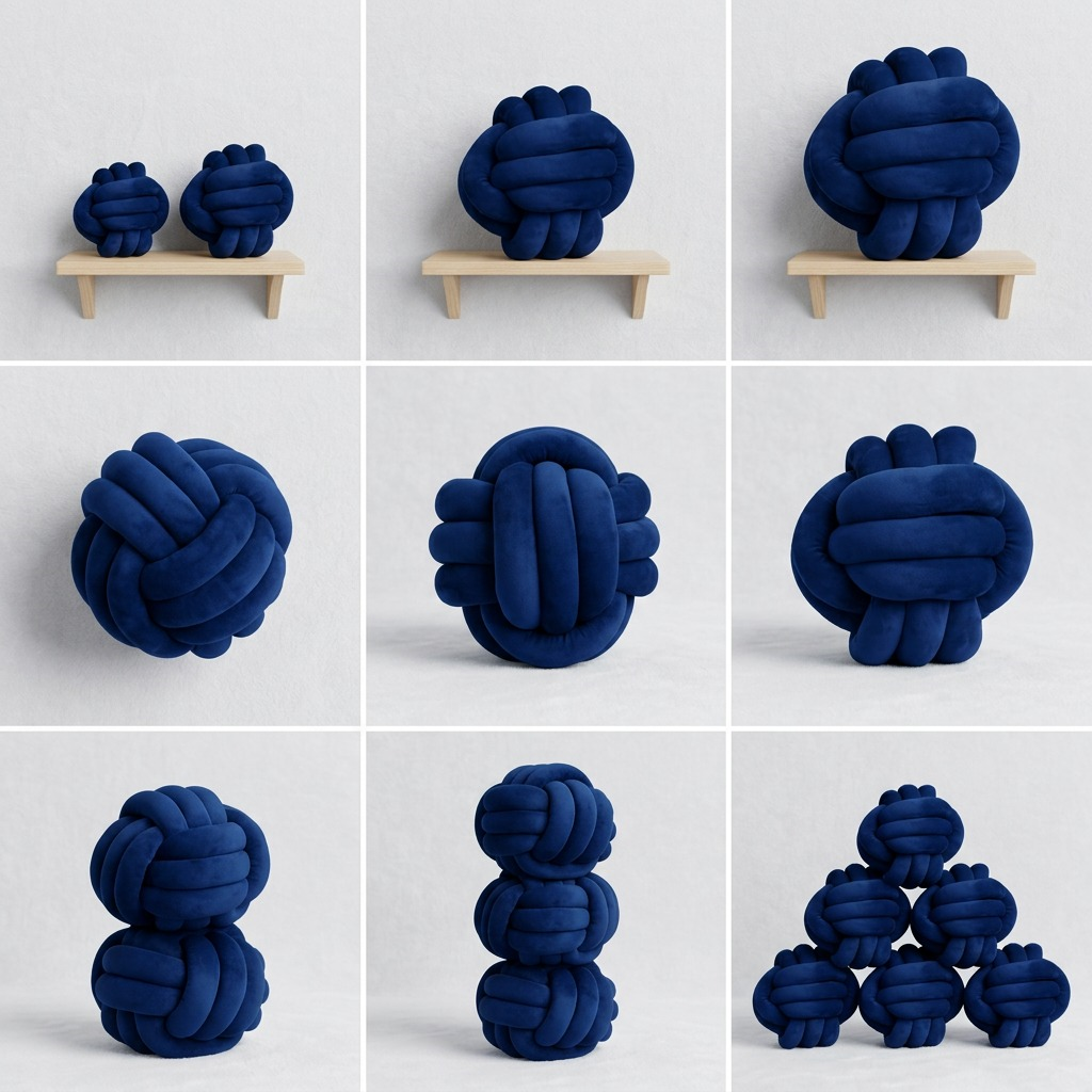 A 3x3 grid showing nine identical steel blue velvet knot pillows in different orientations.