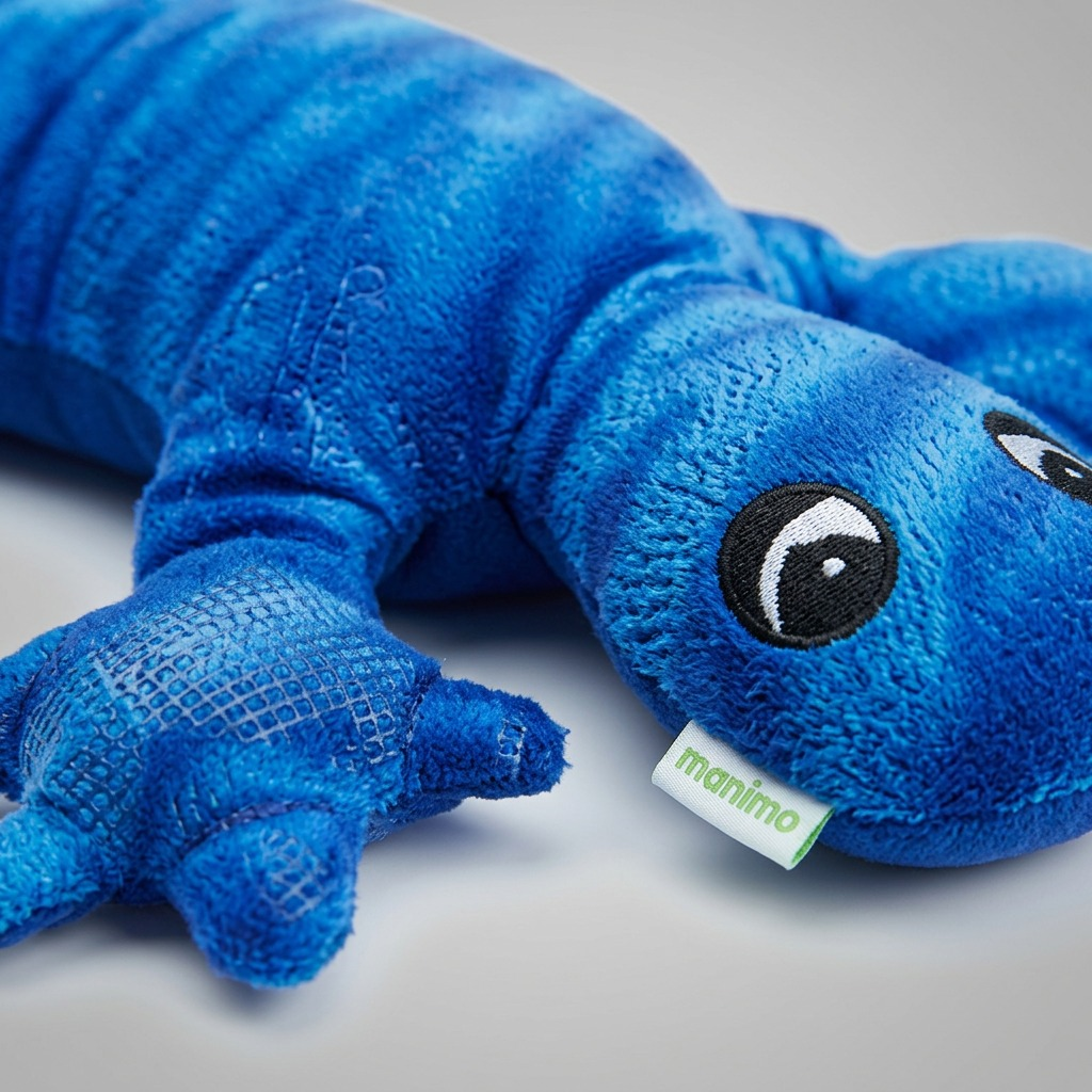 Macro shot of blue manimoWeighted Lizard, showing plush fabric, embroidered eye, and texture.
