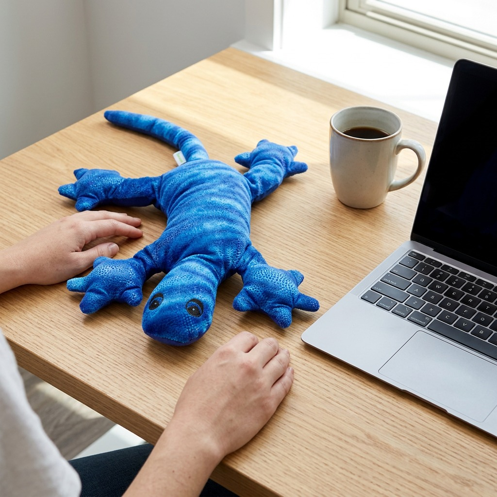 Scale photo showing the 2 kg multi-textured weighted blue lizard with a person's hand and a standard laptop to demonstrate size.