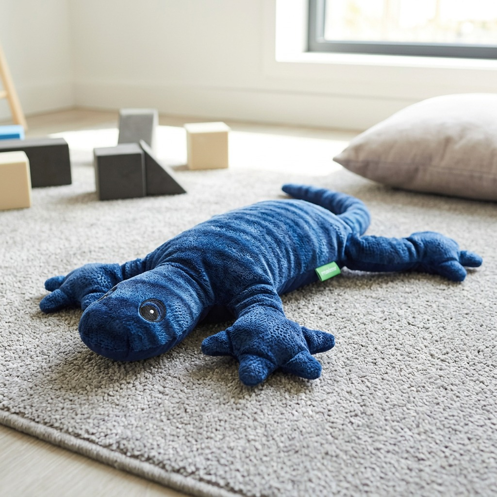 fdmt manimo Weighted Lizard rest on a therapy room floor, close-up with soft natural light, showcasing its textured blue fabric and realistic scale.