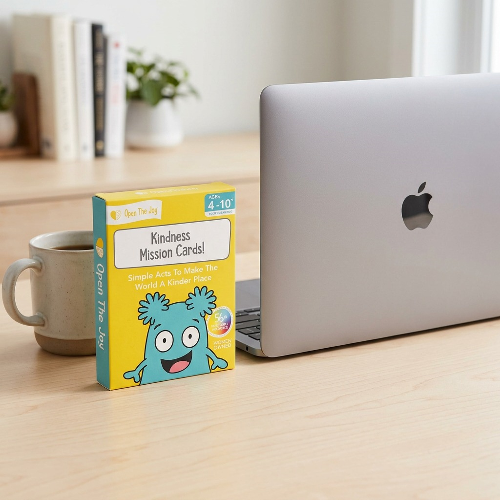 A photo of Open The Joy Kindness Cards beside a laptop, mug, and pencil box for scale.