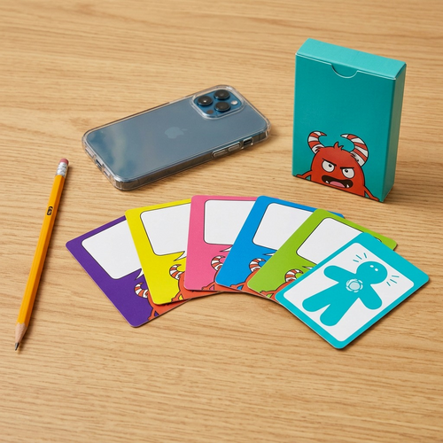 A photograph showing the Anger Management Cards deck and fanned cards placed next to a common pencil and smartphone for scale.