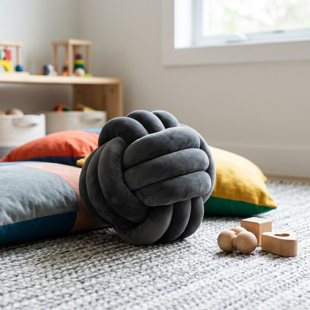 A lifestyle image featuring the plush dark grey fdmt Cuddle Ball - Granite on a rug in a sensory-focused playroom with toys.