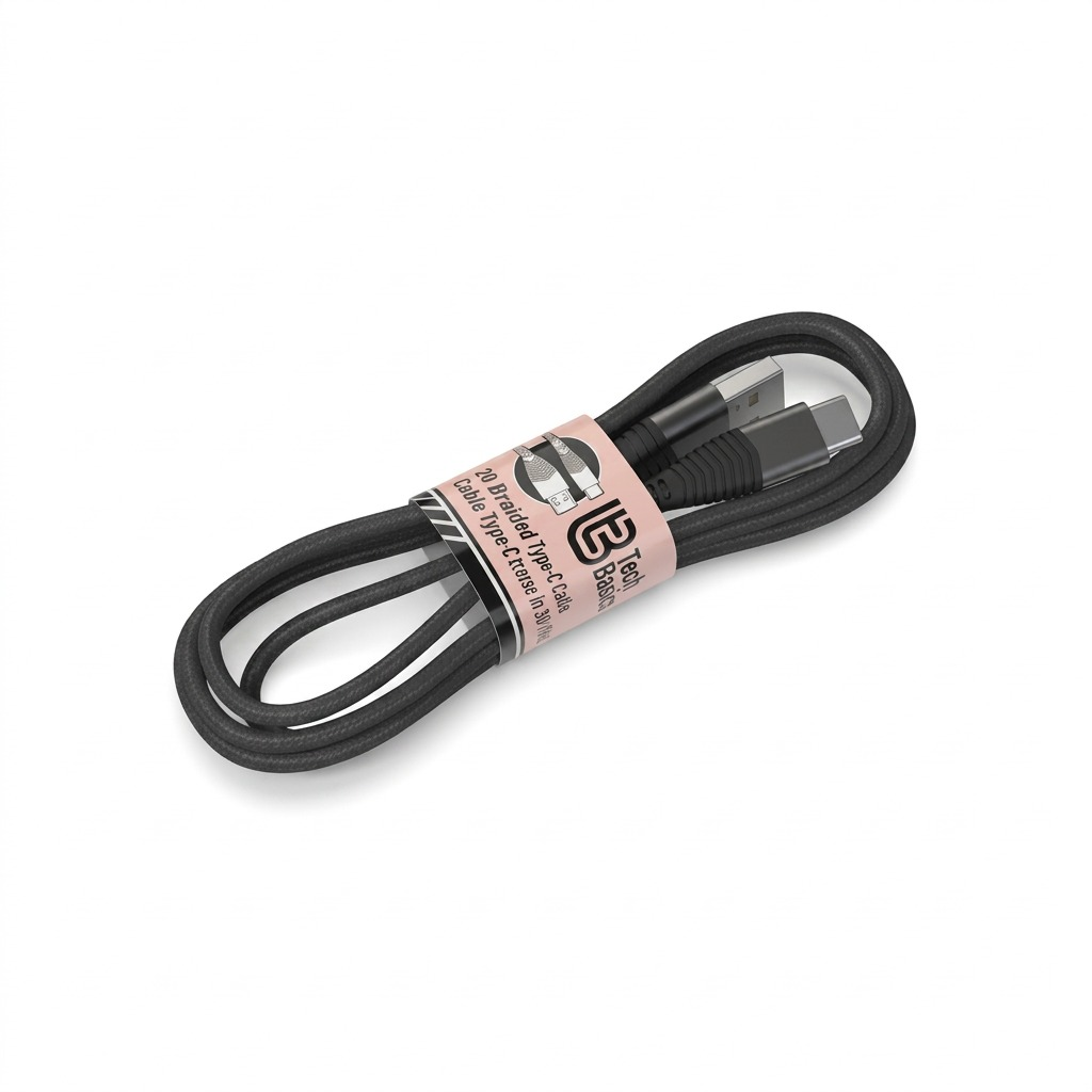 Pure high-resolution hero shot of a coiled black braided Tech Basics 3 ft USB-C to USB-C cable over a pure white background, showcasing all features from image_0.png.