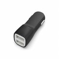 A high-resolution product shot of a black Tech Basics Dual Port Car Charger with two horizontal USB Type-A ports.