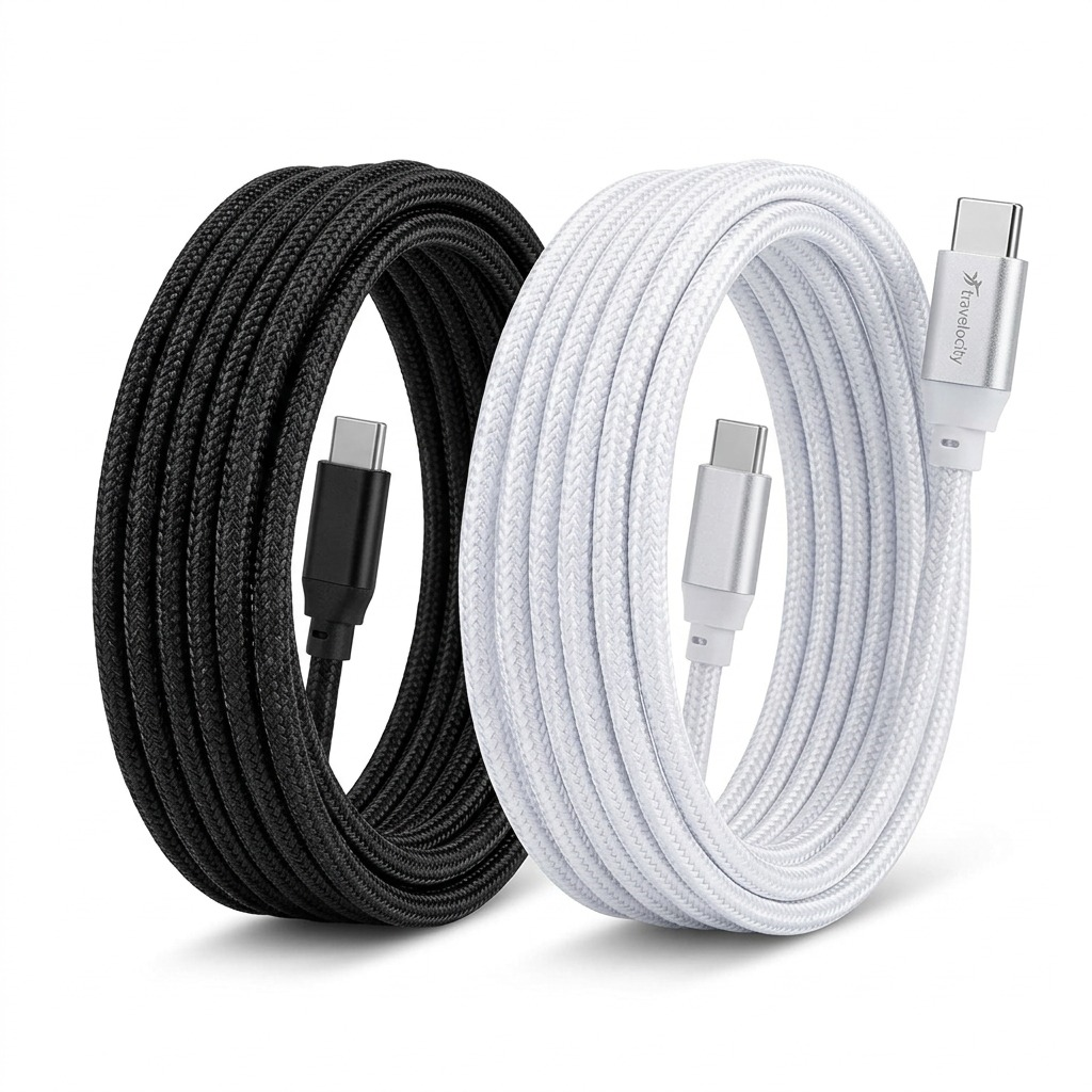 A premium, close-up photograph of a coiled black and a coiled white 9-foot braided Type-C cable on a pure white background.