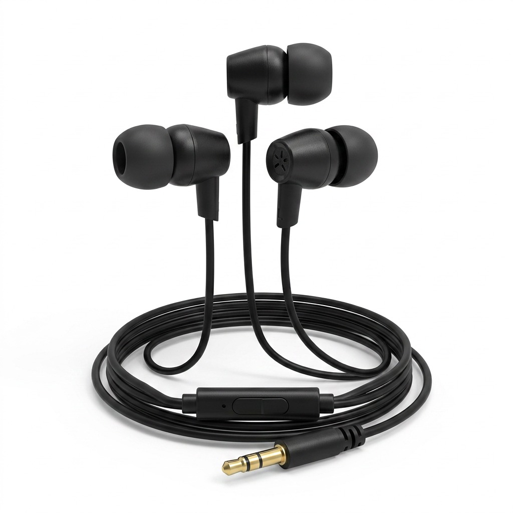 A high-resolution, centered view of the Tech Basics wired earbuds, showcasing the microphone and 3.5mm plug on a pure white background.
