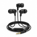 A high-resolution, centered view of the Tech Basics wired earbuds, showcasing the microphone and 3.5mm plug on a pure white background.