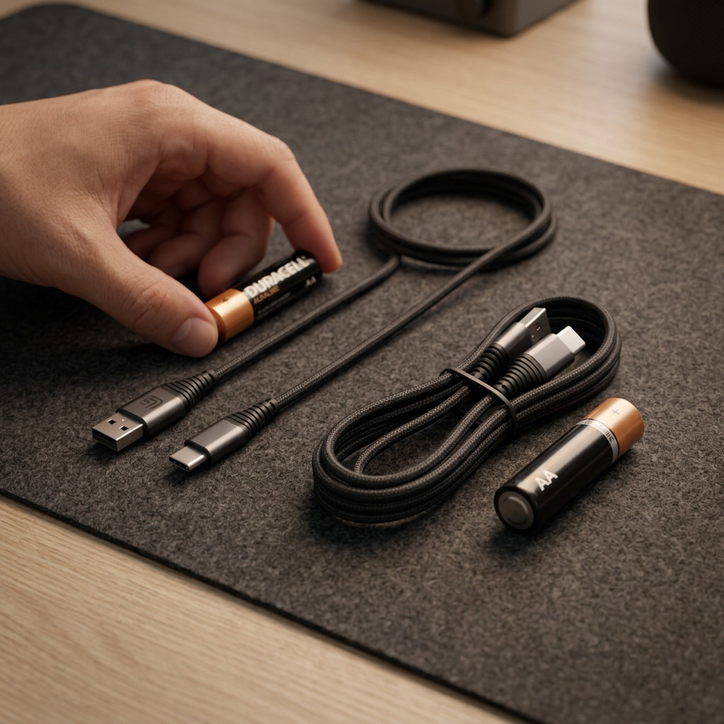 A close-up photograph of the coiled black braided USB-C cable next to a standard AA battery.