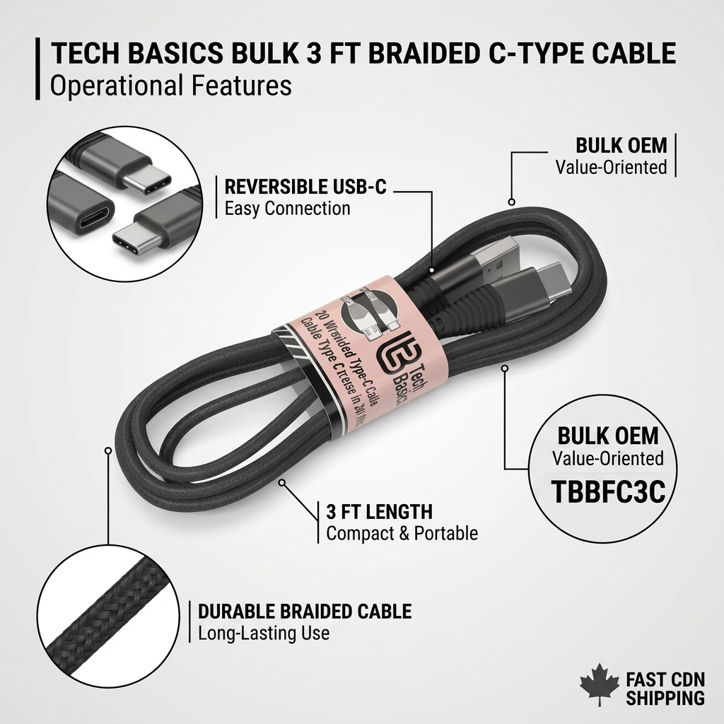 Product infographic detailing features of the Tech Basics coiled 3ft braided C-type cable.