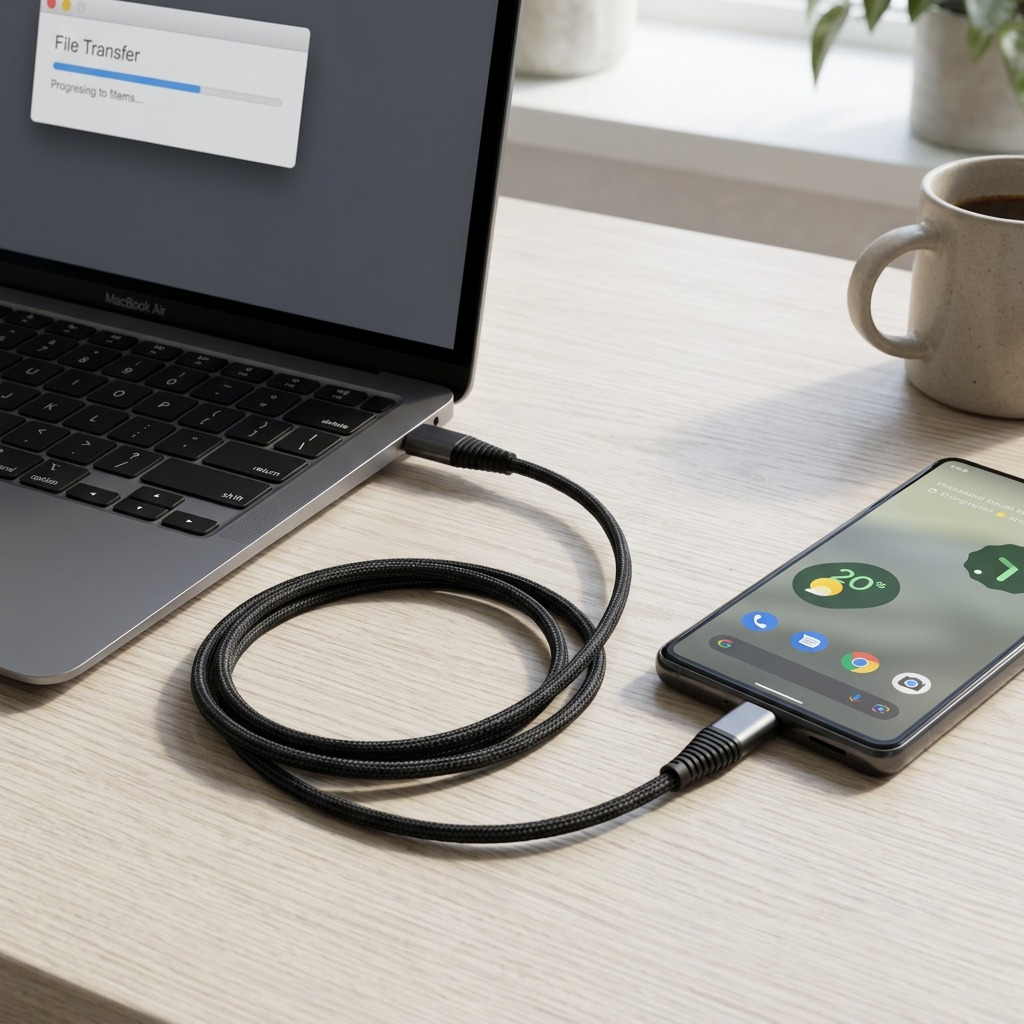 A photo of the black braided USB-C cable connects a laptop to a smartphone, showing data being transferred or charging. Natural light illuminates the modern and neutral workspace, showcasing the durable, braided texture.