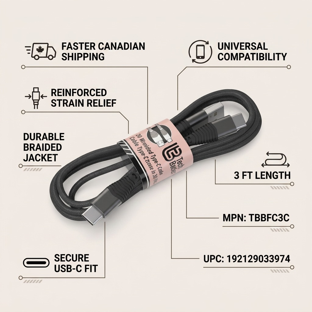 Ecommerce trust infographic for Tech Basics braided 3ft USB-C cable (TBBFC3C).
