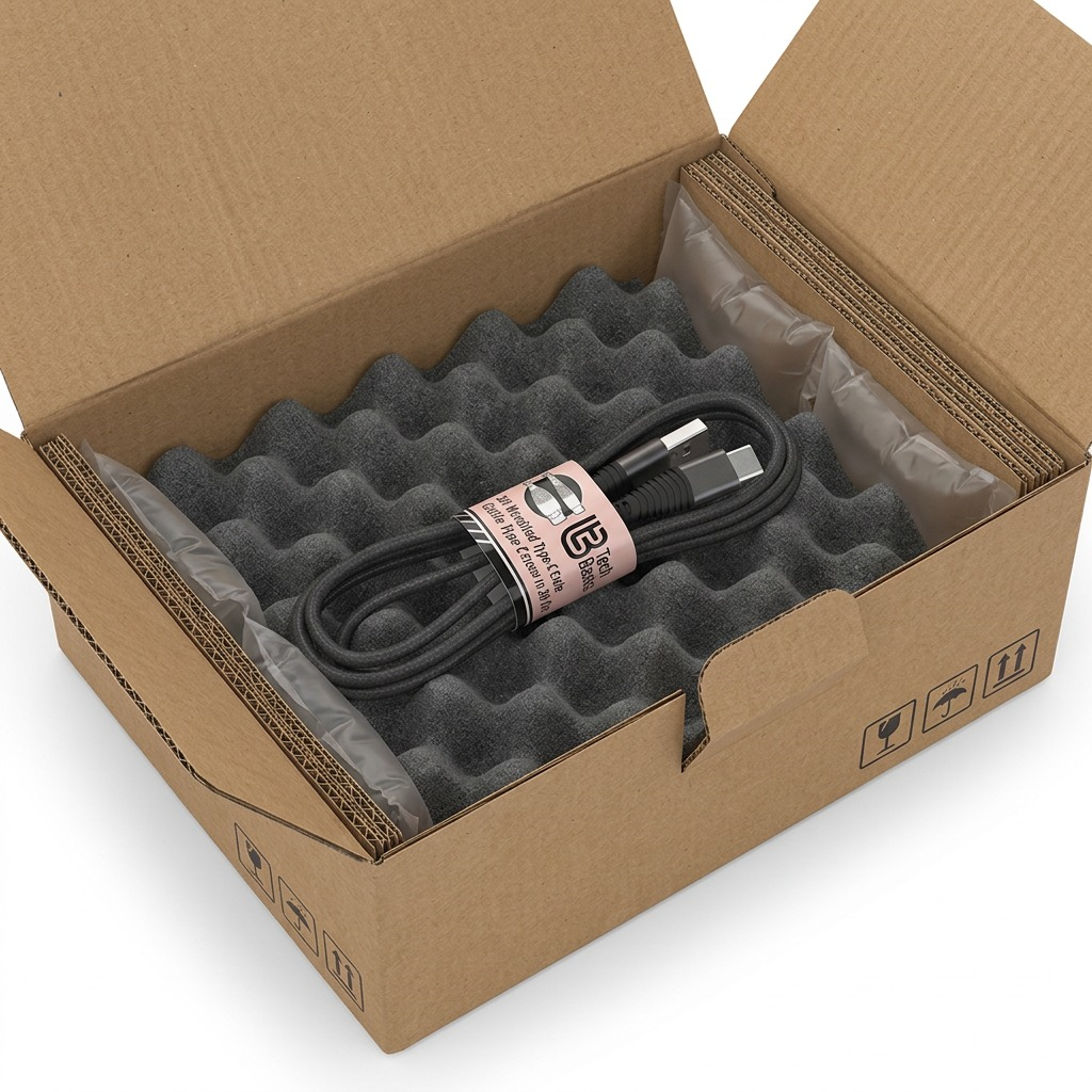 Tech Basics USB-C cable securely unboxing from a protective padded shipping box.